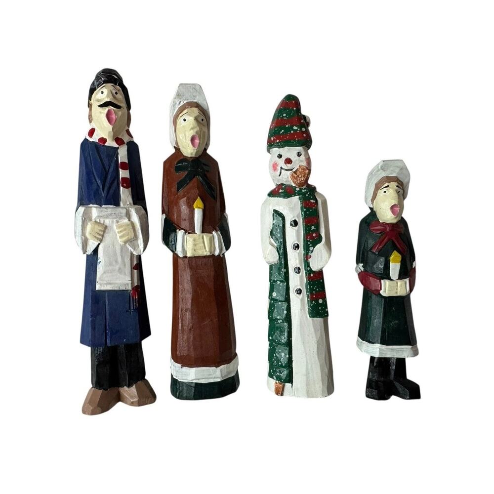 4 Folk Art Carved & Painted Wood Christmas Carolers Snowman Holiday